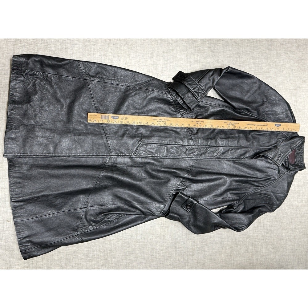 Vintage Black Leather Trench Coat Women Size L Good Longline Matrix Goth - Picture 8 of 10